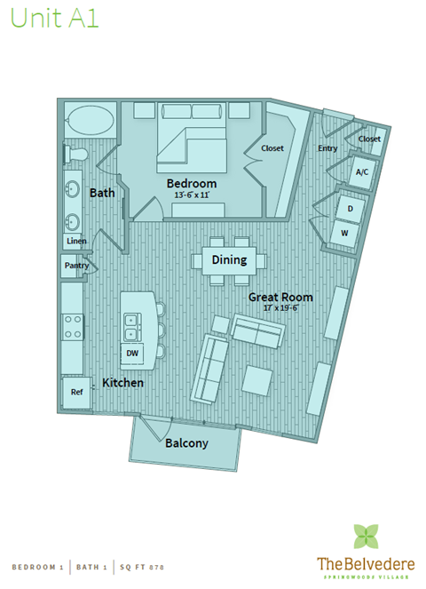 Floor plan for 1 bed, 1 bath, 878 sqft